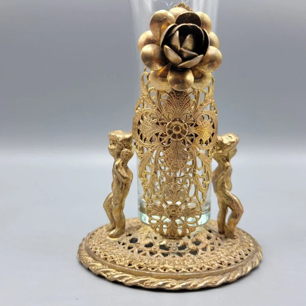 Antique Vintage Gold Brass Filigree Fluted Bud Vases Cherub Figural Design - Picture 2 of 16